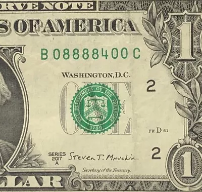 Four In A Row 8s Fancy Serial Number One Dollar Bill B08888400C FW Print 0s 8s • $5.50