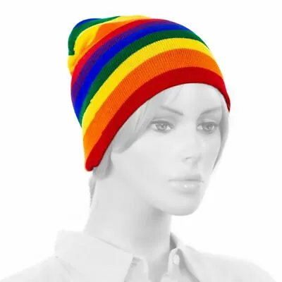 Rainbow Winter Cuffless Beanie Hat Pom Knit Cap Unisex Adult Teen Size Soft • $7.91
