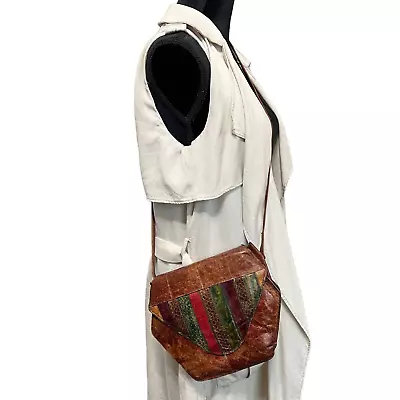 Vintage Pentagon-Brown Leather Patchwork Crossbody Purse Bag Purse-Multi-color • $25
