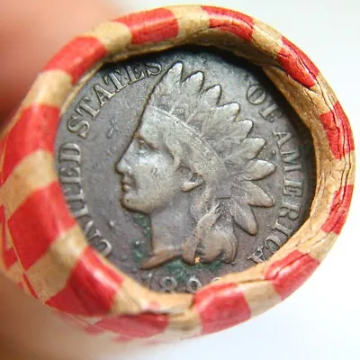 1800's Dated Indian Head Penny Showing On End Of 50 Coin Wheat Cent Roll A-1 • $17.50