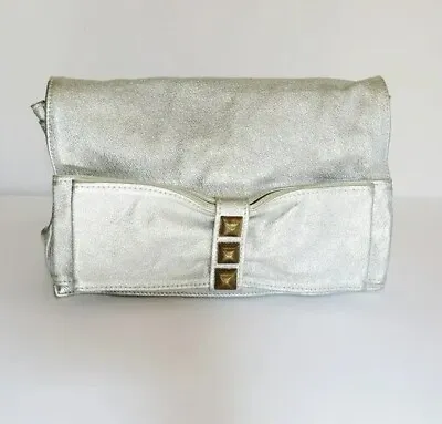 Tylie Malibu Silver Metallic Leather Flap Large Clutch Bag • $55