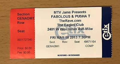 2013 Fabolous & Pusha T Milwaukee Concert Ticket Stub  Mtv Raps • $4.99