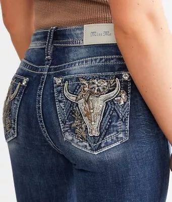 NEW Miss Me Jeans Womens Texas Longhorn Boot Low Rise Embroidered Rhinestones 25 • $59.99