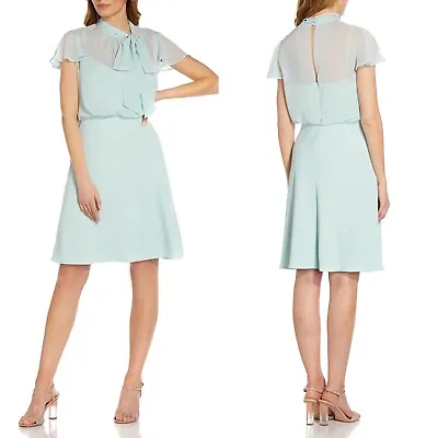 NEW Adrianna Papell MINT SMOKE Bow Neck CREPE & CHIFFON Tea PARTY Mini DRESS 8? • $34.99