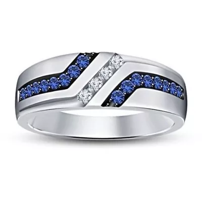 Men's Wedding Round Simulated Blue Sapphire Anniversary Band Ring 925 Silver • $98.27