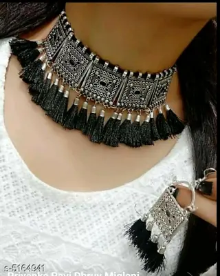 Ethnic Bollywood Style Design Silver Oxidized Choker Necklace Indian Jewelry Set • $12.38