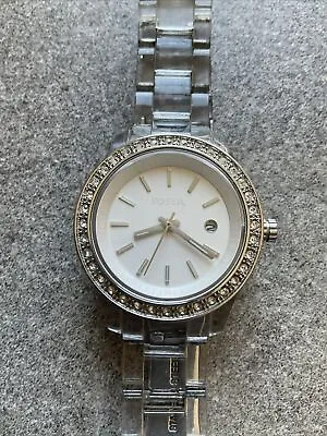 Fossil ES-2612 Women's 30mm Clear Plastic Watch Jeweled Bezel 6 1/2  Band A10 • $15.96