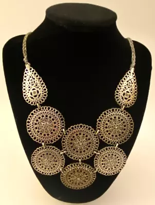 Silver Tone Joined Medallion Statement Necklace Small Rhinestones • $9