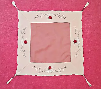 Vintage Roses Application Embroidery Lame Silver Tone Beige Red Small Tablecloth • $9.50