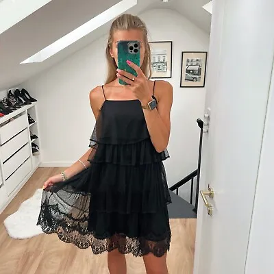 £19.99 • Buy Zara Black Lace Mesh Tired Mini Short Sleeveless Mini Dress M Cocktail Party