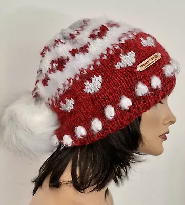 Hand Knits 2 Love Slouch Beanie Hat Beret Fair-isle Faux Fur Pom Pom Hearts Hip • $76.50