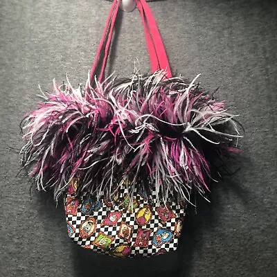 Vintage Handmade Flinstones Tote Bag Feathers Portraits Hot Pink Checkerboard • $16.79