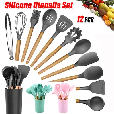 $24.50 • Buy 12PCS Silicone Utensils Set Wooden Cooking Kitchen Baking BPA Free Cookware Gift