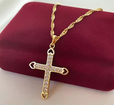 Noble Necklace With Cross Pendant Zirconia 999 Gold 24 Carat Gold Plated 50cm • £23.24