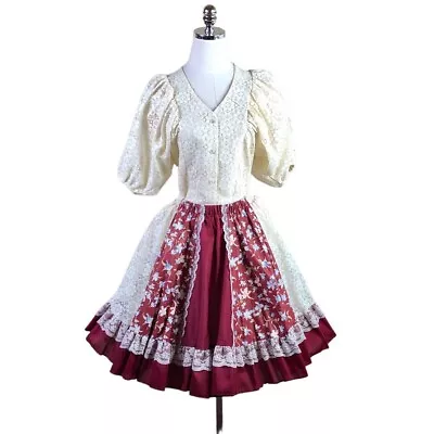 Vintage Pitchfork Square Dance Outfit Lace Blouse Ruffle Full Circle Skirt S/M • $94.59