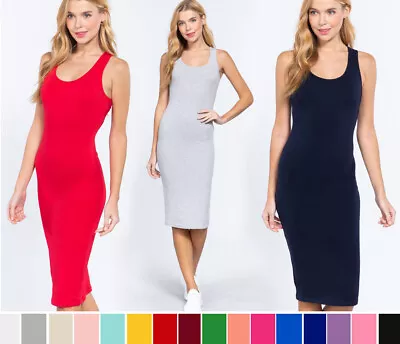 Women Basic Bodycon Tank Dress Stretch Knit Midi Sleeveless Scoop Neck Racerback • $7.99