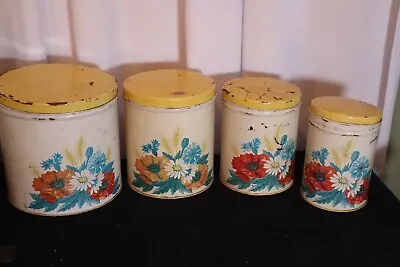 $9.99 • Buy Vintage 4 Piece Metal Kitchen Nesting Canister Set W/Lids ~ Yellow Daisies