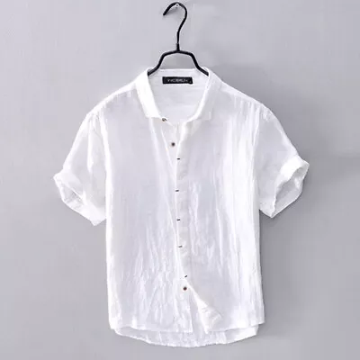 INCERUN Mens Linen Cotton Shirt Short Sleeve Work Formal Blouse Button Down  Top • $17.76