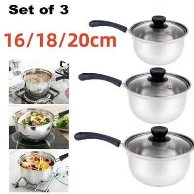 Set Of 3 Induction Non Stick Stainless Steel Cookware Kitchen Glass Lids Pot Pan • £13.99