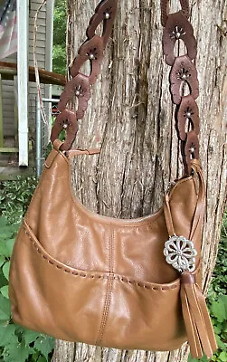 BRIGHTON KODIAK Leather 4 Pocket Tote MG Carmel Brown Unique Strap Shoulder Bag  • £93.11