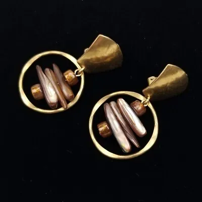 Marjorie Baer SF Clip Earrings Hammered Metals Boho Abalone Dangle Signed MB • $31