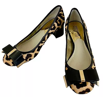 Michael Kors Kiera Mid Heel Pump Leopard Print Calf Hair Bow Gold Hardware $169 • $21.99