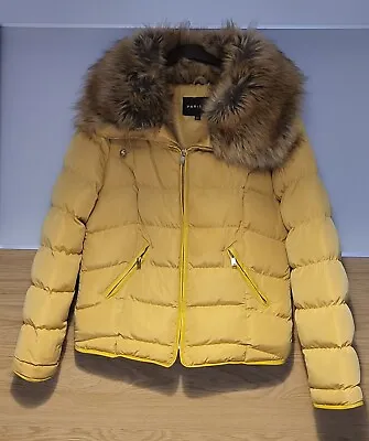 Parisian Ochre Mustard Yellow Puffer Coat Jacket With Fur Collar & Hood. Size 8 • £8.99