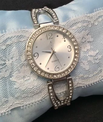 Vintage Fleur De Lis Rhinestone Studded Quartz Silver Watch New Battery WORKS • $12