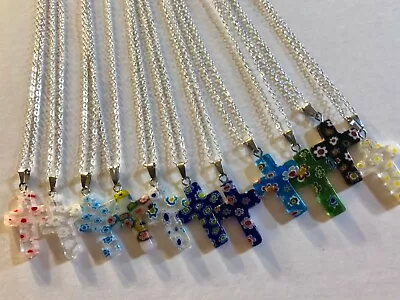 Millefiori Style Murano Glass Cross Necklace 18  Silver Plated Necklace Gift Box • $4