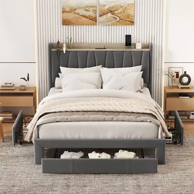 Queen Size Bed Frame Upholstered Platform Bed W/Storage Headboard 3 Drawer Gray • $310.99