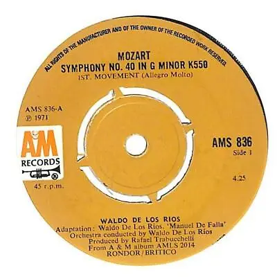 Waldo De Los Rios Mozart Symphony No. 40 In G Minor K550 UK 7  1971 AMS836 • £6.88