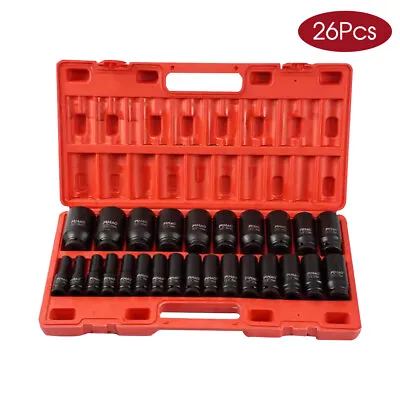 Impact Sockets Set 1/2Inch Drive 26 PCS Metric 10mm-36mm Deep 6-Point Set • $54.39