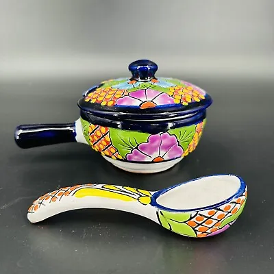 Mexican Talavera Ulises Pottery Colorful Bowl With Handle Lid And Spoon  • $26