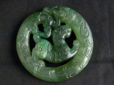 Good Quality Chinese Green  Jade Hand Carved *Dragon & Tiger* Pendant BB059 • £6.43