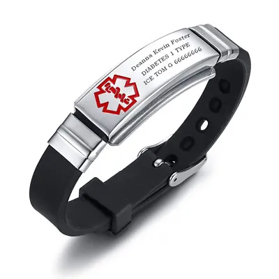 Free Engraving Medical Alert ID Women Men Kids Bracelet Black Silicone Wristband • $5.99