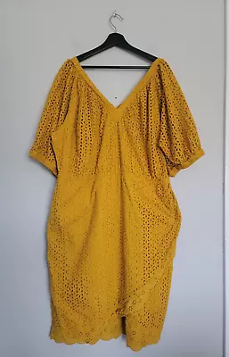 Eloquii Sz 24 Puff Short Sleeve V Neck Eyelet Midi Dress Mustard Yellow • $26.80