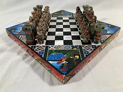 Vintage Chess Set Aztec Mayan Incas VS Spanish Conquistadors Folding Chessboard • $54.99