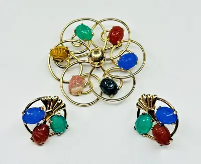 Van Dell Vintage 1/20 12K Gold Filled Carved Gemstone Scarab Beetle Brooch • $39.99