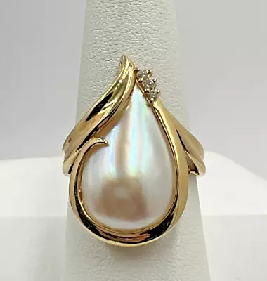 14K Yellow Gold Mabe Pearl Teardrop And Diamond Accent Ring Size 8.25 • $429