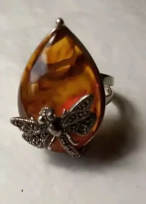 Sterling Silver And Amber Ring Adorned With A Marcasite Dragonfly. Sz. 8. • $30