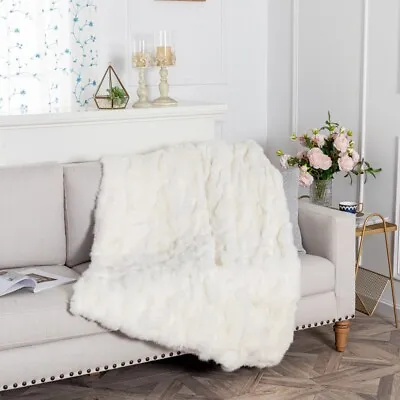 Real Rabbit Fur Blanket Real Fur Throw Soft Luxury Bedspread Warm White 80x80in • $256.49