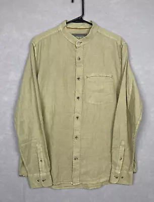 32 Bar Blues Long Sleeve Mandarin Collar Shirt Mens Medium M Linen Blend Banded • $18.50