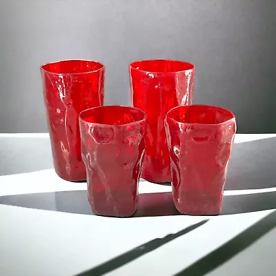 4 Vintage Morgantown Crinkle Ruby Red Textured Tumblers 2 Tall 5.5” 2 Juice 4” • $26.99