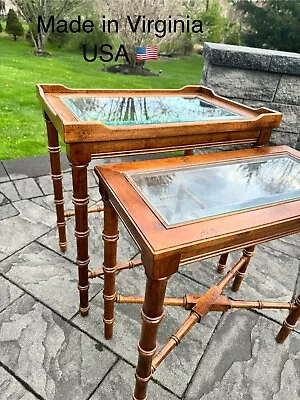 Vintage Lane Altavista  Faux Bamboo Nesting Tables Beveled Glass Top~2 Pc Set • $599