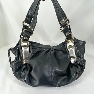 B Makowski Leather Handbag Purse Black With Gold & Silver Hdwr 17  Long 10  Tall • $42