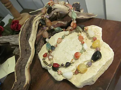 Vintage Hippie Brass Tone Mixed Gem Stone Beggar Beads Beaded Necklace №6 35  • $16.55