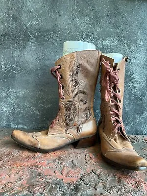 SIREN Mark Nason EMBROIDERED Distressed Western Cowgirl Laceup Knee Boots 7.5 8 • $125