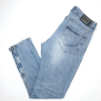 Zara Man Blue Distressed Denim Blue Jeans Size 31x28 Tapered Leg Flex Zip-Ankle • $29.88