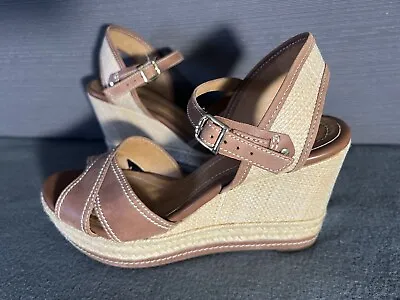 Clarks Indigo Strappy Leather Sandal Wedge Brown Woven Espadrille Size 8.5 • $14.87