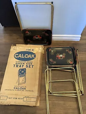 Cal Dak Metal TV Trays FOLDING W/Stand Wagon Stagecoach Set Of 4 Black Red W Box • $125